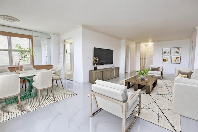 110-11 Queens Blvd Unit 27G, Forest Hills, NY 11375 - living room with light marble finish flooring and crown molding