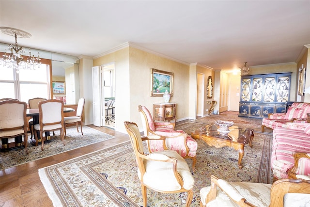 110-11 Queens Blvd Unit 27G, Forest Hills, NY 11375 - living room with a chandelier, healthy amount of natural light, and ornamental molding