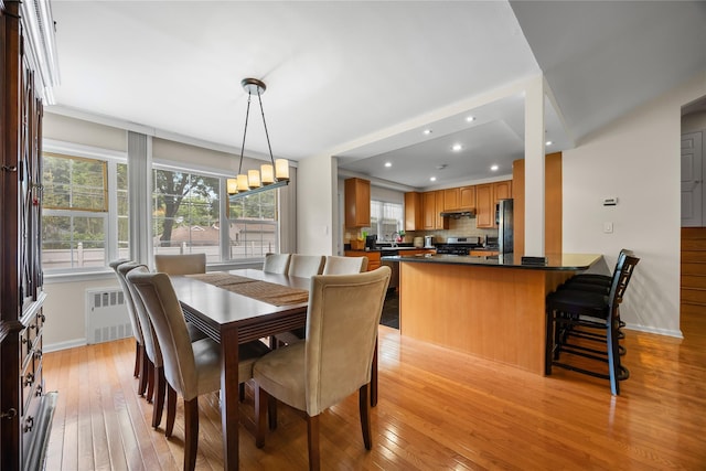 222-47 Garland Dr, Bayside, NY 11364 - dining space with radiator, light wood-type flooring, baseboards, and recessed lighting