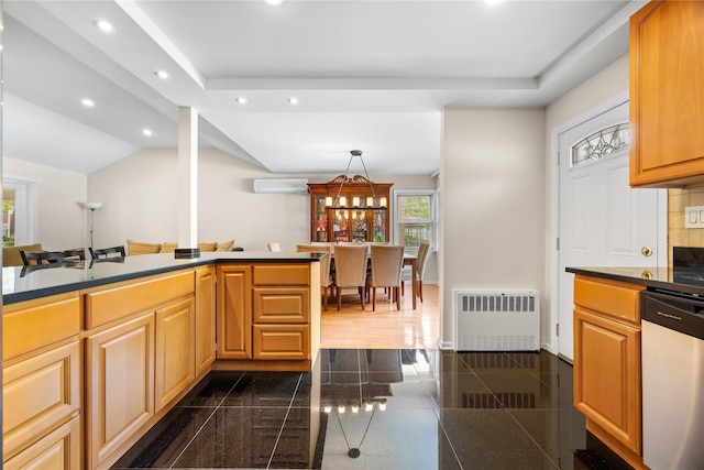 222-47 Garland Dr, Bayside, NY 11364 - kitchen with radiator, dishwashing machine, recessed lighting, granite floors, and dark countertops