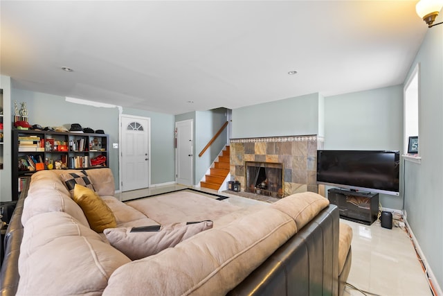 222-47 Garland Dr, Bayside, NY 11364 - living area with a fireplace, baseboards, stairway, and recessed lighting