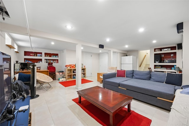 222-47 Garland Dr, Bayside, NY 11364 - living area with stairs, recessed lighting, and light tile patterned floors