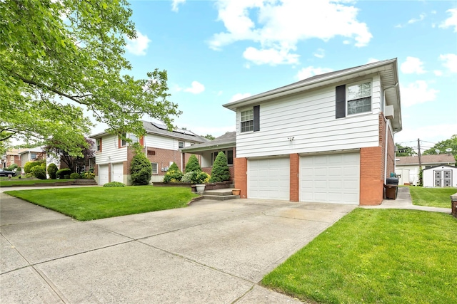 222-47 Garland Dr, Bayside, NY 11364 - split level home with an attached garage, driveway, brick siding, and a front yard