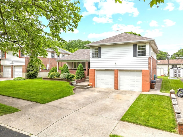 222-47 Garland Dr, Bayside, NY 11364 - tri-level home with brick siding, a garage, a front lawn, and driveway