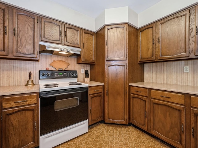 29 Sachson Pl, Wappingers Falls, NY 12590 - kitchen with white electric range, under cabinet range hood, light countertops, and brown cabinetry