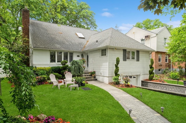 18 Hawthorne Ln, Valley Stream, NY 11581 - back of property featuring a chimney, an attached garage, a shingled roof, and a lawn