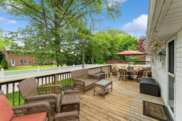 18 Hawthorne Ln, Valley Stream, NY 11581 - wooden terrace featuring outdoor dining area, a fenced backyard, and an outdoor living space