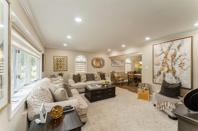 18 Hawthorne Ln, Valley Stream, NY 11581 - living room featuring crown molding, recessed lighting, and arched walkways