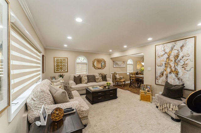 18 Hawthorne Ln, Valley Stream, NY 11581 - living area featuring crown molding, recessed lighting, arched walkways, and baseboards