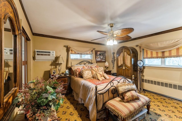 18 Hawthorne Ln, Valley Stream, NY 11581 - carpeted bedroom with radiator heating unit, an AC wall unit, multiple windows, crown molding, and ceiling fan