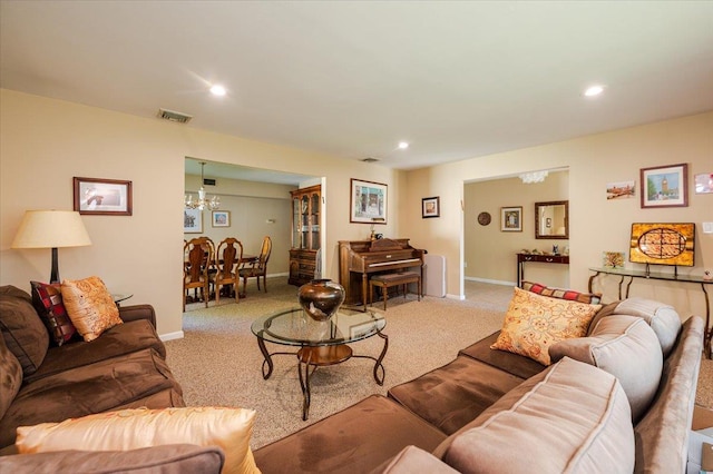 1270 Mara Ct, Atlantic Beach, NY 11509 - living area featuring a chandelier, carpet flooring, recessed lighting, and baseboards