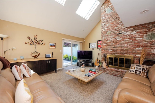 1270 Mara Ct, Atlantic Beach, NY 11509 - living room with high vaulted ceiling, a skylight, light carpet, and a brick fireplace