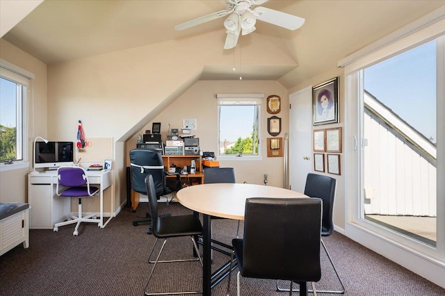 1270 Mara Ct, Atlantic Beach, NY 11509 - office space featuring dark carpet, ceiling fan, vaulted ceiling, and baseboards