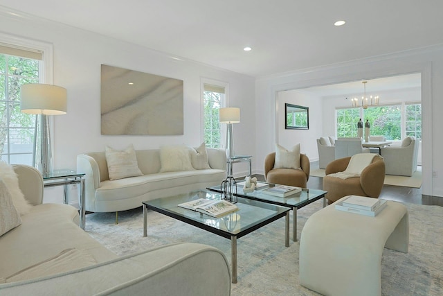 15 Old Farm Rd, Scarsdale, NY 10583 - living area with a chandelier, healthy amount of natural light, ornamental molding, recessed lighting, and wood finished floors