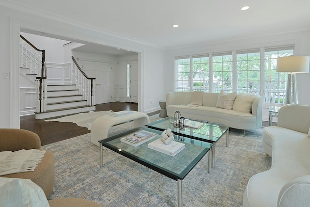 15 Old Farm Rd, Scarsdale, NY 10583 - living room featuring stairs, recessed lighting, crown molding, wood finished floors, and a decorative wall