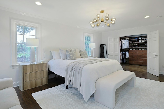 15 Old Farm Rd, Scarsdale, NY 10583 - bedroom with a chandelier, ornamental molding, wood finished floors, recessed lighting, and baseboards
