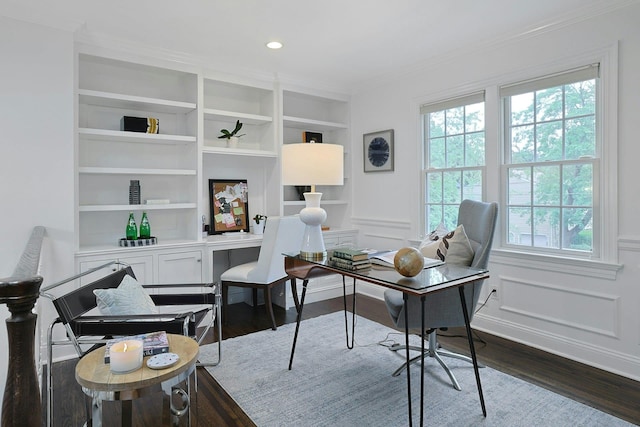 15 Old Farm Rd, Scarsdale, NY 10583 - office area featuring dark wood-style flooring, ornamental molding, recessed lighting, wainscoting, and built in features