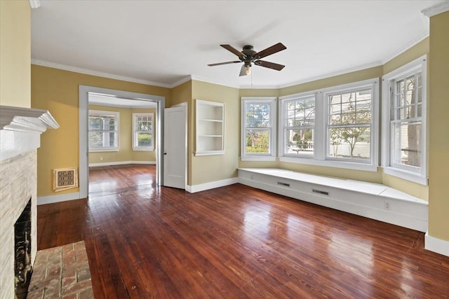 102 Broadway, Dobbs Ferry, NY 10522 - unfurnished living room featuring a fireplace with flush hearth, ceiling fan, crown molding, wood finished floors, and baseboards
