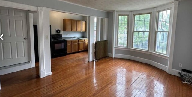 13 Hooker Ave, Poughkeepsie, NY 12601 - kitchen with electric stove, radiator heating unit, brown cabinets, dark wood-style flooring, and light countertops