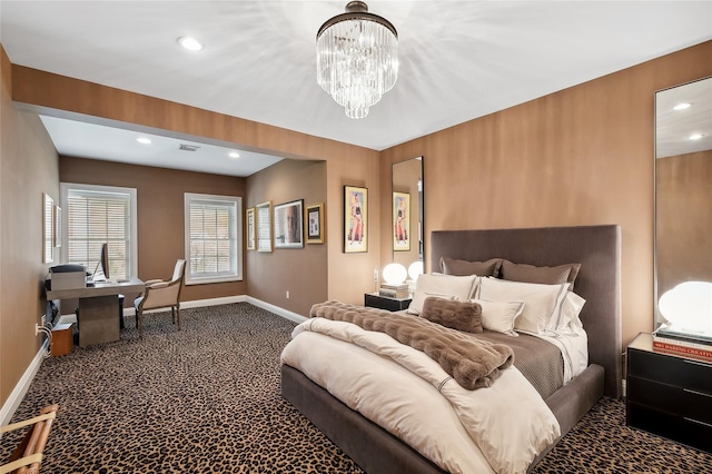 2 Shadow Tree Ln, Briarcliff Manor, NY 10510 - bedroom with baseboards, a chandelier, dark carpet, recessed lighting, and an office area