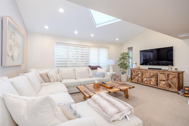 36 Randy Ln, Plainview, NY 11803 - living room with a skylight, carpet flooring, vaulted ceiling, and recessed lighting