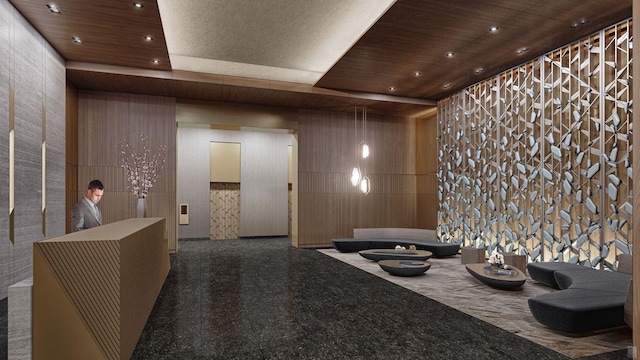 133-36 37th Ave Unit 8B, Flushing, NY 11354 - community lobby with wood ceiling
