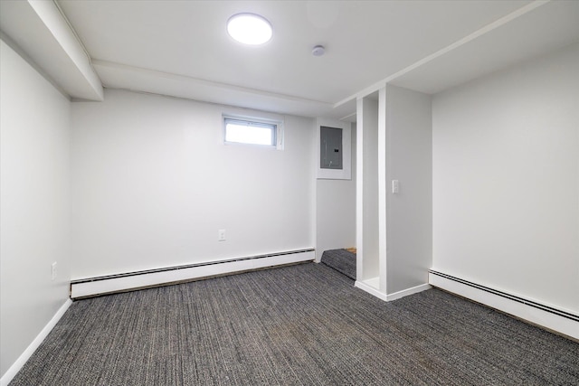 23 Lincoln St, Elmont, NY 11003 - basement featuring a baseboard radiator, electric panel, carpet flooring, and baseboards