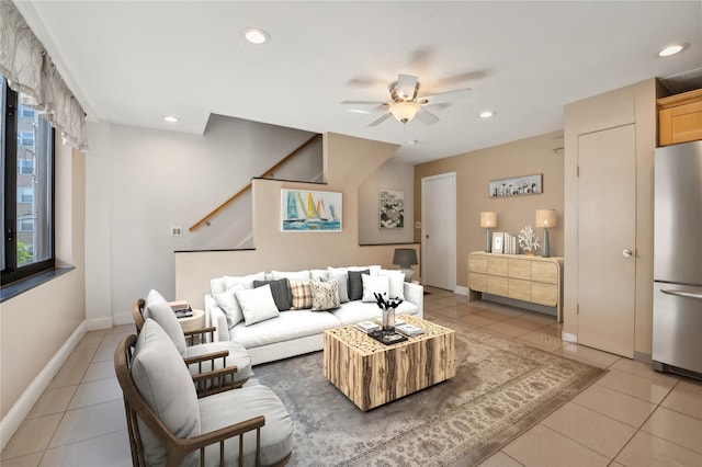 425 Shore Rd Unit 2B, Long Beach, NY 11561 - living area with a ceiling fan, light tile patterned floors, recessed lighting, and baseboards