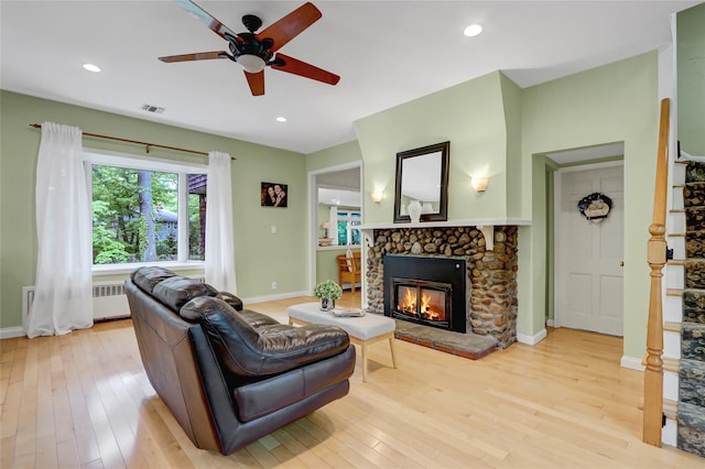 23 Knox Ave, Stony Brook, NY 11790 - living area featuring a ceiling fan, light wood-style floors, a fireplace, baseboards, and recessed lighting