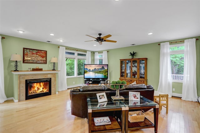 23 Knox Ave, Stony Brook, NY 11790 - living room with ceiling fan, wood finished floors, a fireplace, recessed lighting, and baseboards