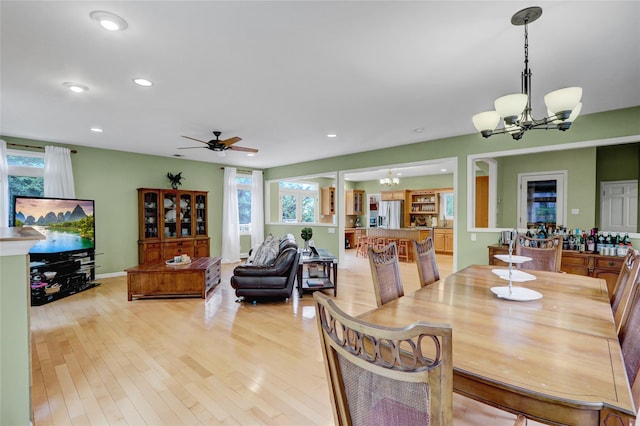 23 Knox Ave, Stony Brook, NY 11790 - dining area with a chandelier, light wood-style floors, recessed lighting, and a ceiling fan