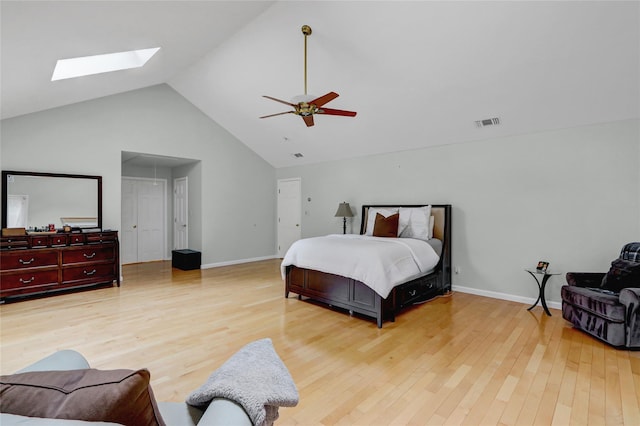 23 Knox Ave, Stony Brook, NY 11790 - bedroom featuring wood finished floors, a skylight, ceiling fan, high vaulted ceiling, and baseboards