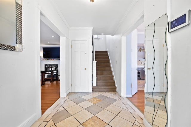 17103 45th Ave, Flushing, NY 11358 - foyer entrance with stairs, light wood-type flooring, ornamental molding, baseboards, and recessed lighting