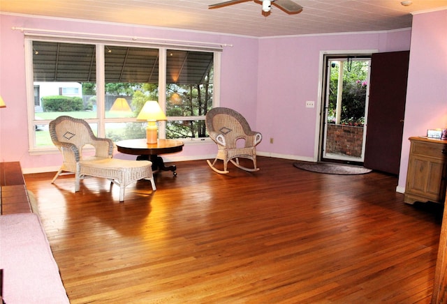 113 Pine Neck Ave, East Patchogue, NY 11772 - living area featuring ornamental molding, ceiling fan, wood finished floors, and baseboards