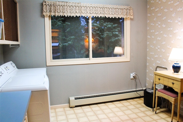 113 Pine Neck Ave, East Patchogue, NY 11772 - laundry room with baseboard heating, independent washer and dryer, wallpapered walls, and baseboards
