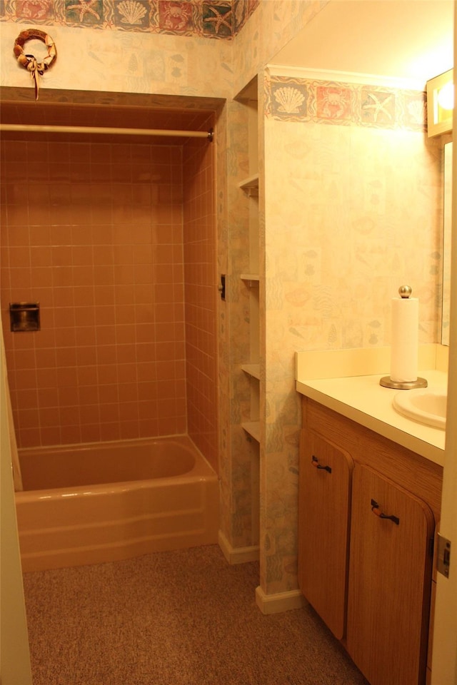 113 Pine Neck Ave, East Patchogue, NY 11772 - full bath with wallpapered walls, vanity, and shower / washtub combination
