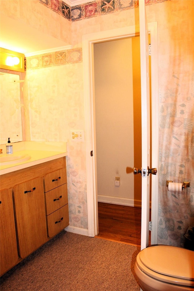 113 Pine Neck Ave, East Patchogue, NY 11772 - bathroom featuring vanity, baseboards, toilet, and wood finished floors