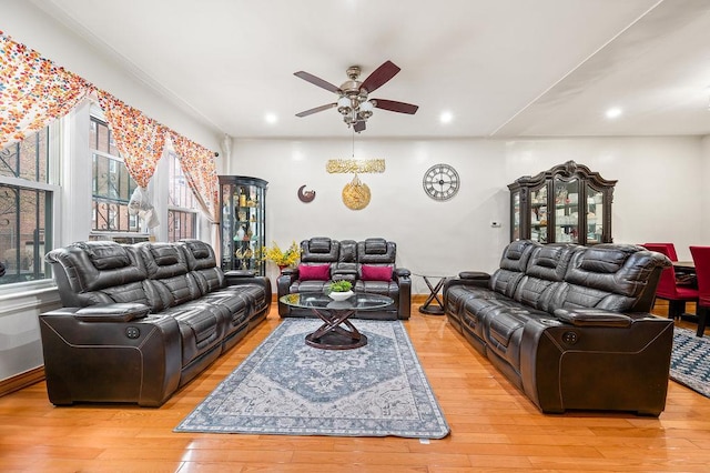 34-15 91st St, Jackson Heights, NY 11372 - living area with a ceiling fan, light wood-style floors, and recessed lighting