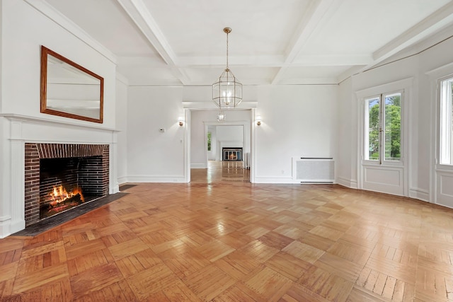 158 Loring Ave, Pelham, NY 10803 - unfurnished living room featuring a fireplace, beamed ceiling, baseboards, and coffered ceiling