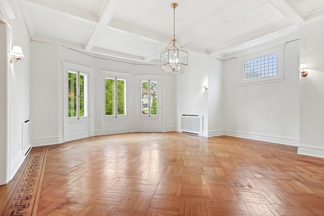 158 Loring Ave, Pelham, NY 10803 - unfurnished living room with a chandelier, coffered ceiling, baseboards, heating unit, and beamed ceiling