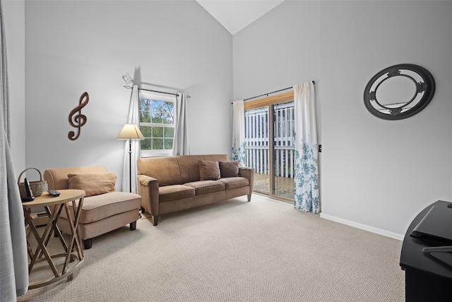 7 Pilgrim Ln, Washingtonville, NY 10992 - living area featuring carpet flooring, baseboards, and high vaulted ceiling