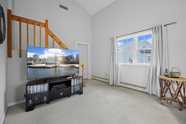 7 Pilgrim Ln, Washingtonville, NY 10992 - sitting room with carpet, a baseboard heating unit, and high vaulted ceiling