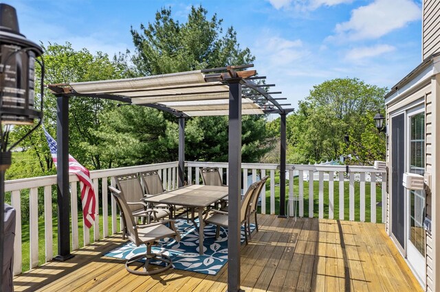 7 Pilgrim Ln, Washingtonville, NY 10992 - wooden deck with outdoor dining area and a pergola