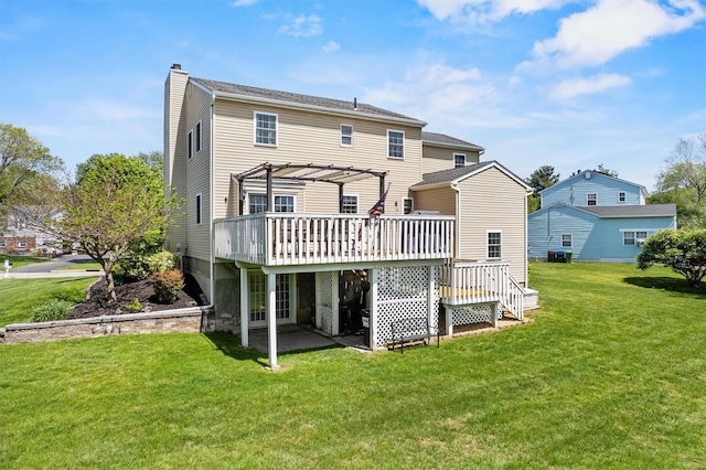7 Pilgrim Ln, Washingtonville, NY 10992 - rear view of property featuring a wooden deck, a pergola, a chimney, and a lawn