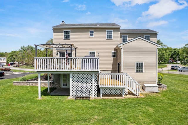 7 Pilgrim Ln, Washingtonville, NY 10992 - back of property with a pergola, a deck, a yard, and a chimney