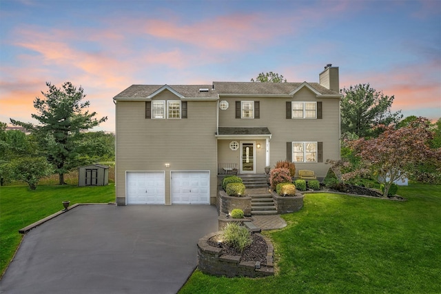7 Pilgrim Ln, Washingtonville, NY 10992 - view of front of property featuring a chimney, a garage, driveway, and a front yard