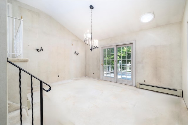 810 Tooker Ave, West Babylon, NY 11704 - empty room with a baseboard heating unit, lofted ceiling, a chandelier, and stairway