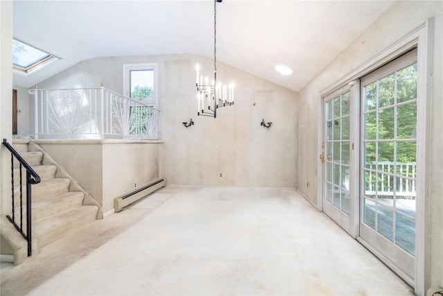 810 Tooker Ave, West Babylon, NY 11704 - unfurnished dining area featuring lofted ceiling, a baseboard radiator, stairs, a skylight, and carpet flooring