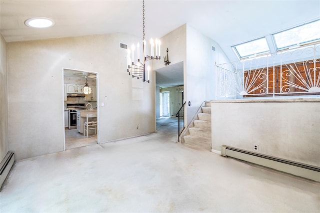 810 Tooker Ave, West Babylon, NY 11704 - unfurnished living room with high vaulted ceiling, stairs, a baseboard heating unit, and concrete flooring