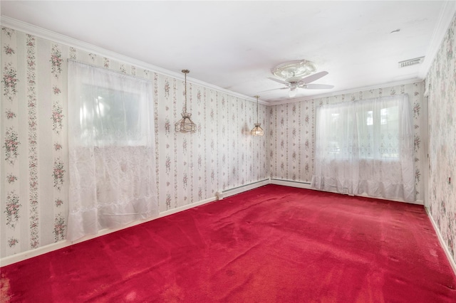 810 Tooker Ave, West Babylon, NY 11704 - carpeted empty room with a ceiling fan, crown molding, wallpapered walls, and a baseboard radiator